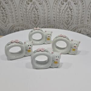 Porcelain Floral White Bear Napkin Ring Holders Hand Painted Cottagecore Vintage